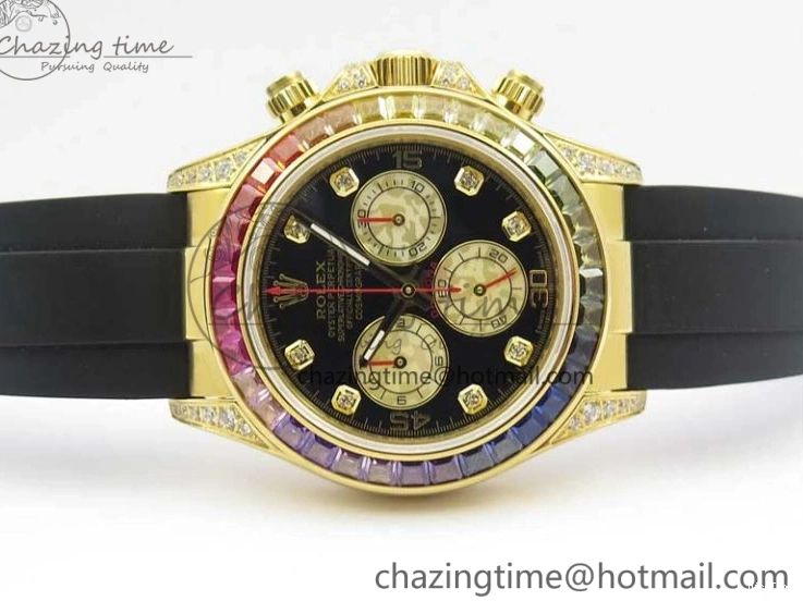 MiroTime 0124 Daytona 116589RBOW YG Rainbow Crystal BLF Best Edition Black Dial on Rubber Strap A EasyMatch 3238